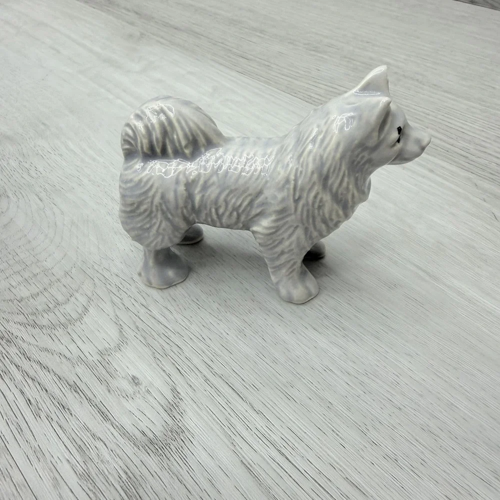 Porcelain Dog Figurine Husky Samoyed Standing White Gray Vintage Cottagecore 3in